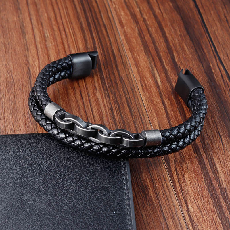 Wear FengShui Chain Design Titanium Steel Balance Leather Braided Buckle Bracelet