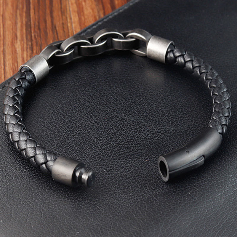Wear FengShui Chain Design Titanium Steel Balance Leather Braided Buckle Bracelet