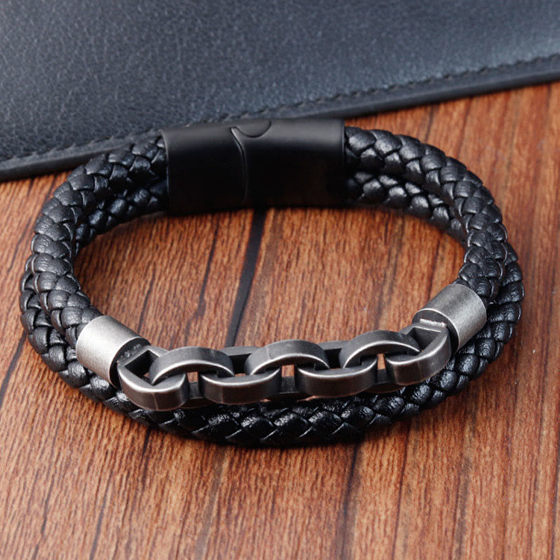 Wear FengShui Chain Design Titanium Steel Balance Leather Braided Buckle Bracelet