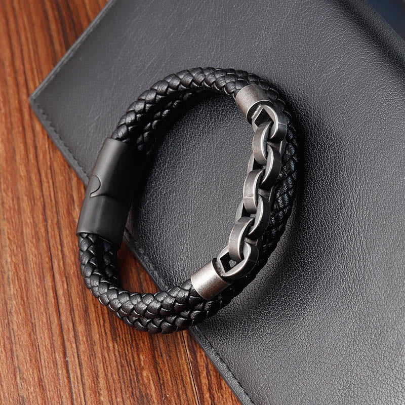 Wear FengShui Chain Design Titanium Steel Balance Leather Braided Buckle Bracelet