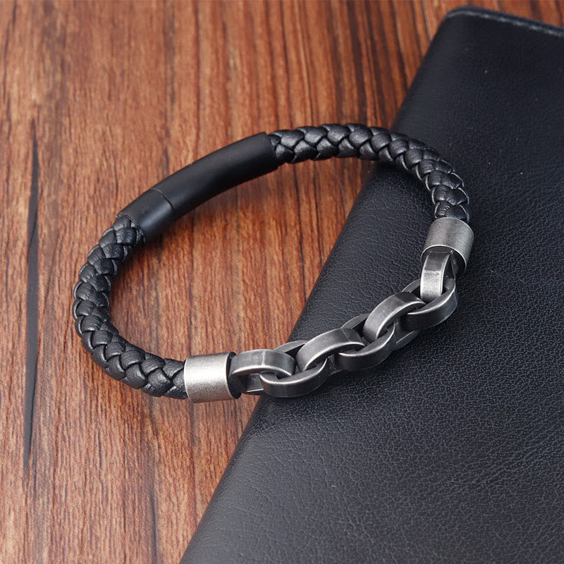 Wear FengShui Chain Design Titanium Steel Balance Leather Braided Buckle Bracelet