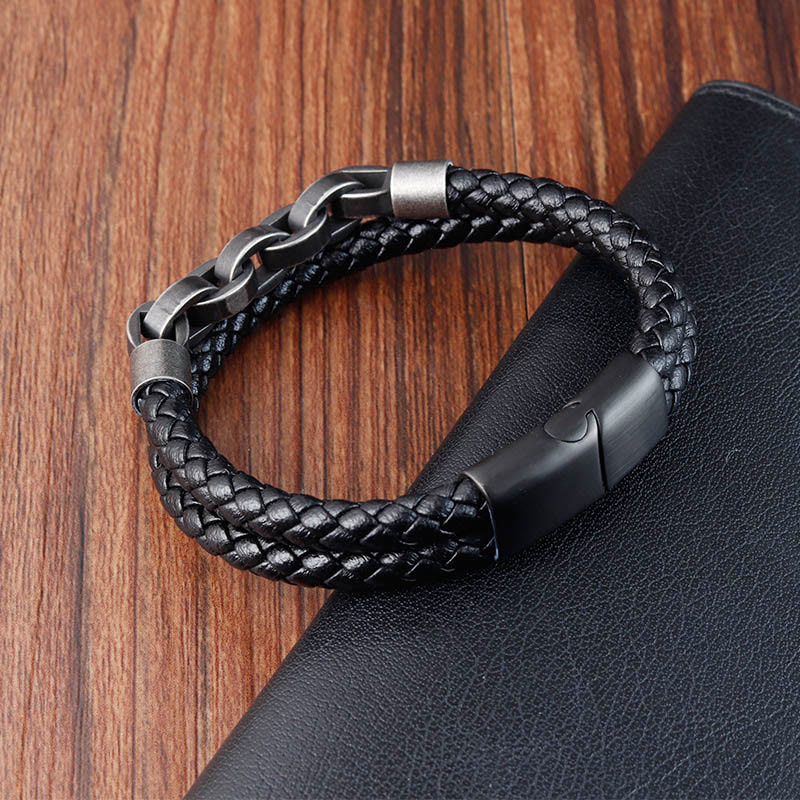 Wear FengShui Chain Design Titanium Steel Balance Leather Braided Buckle Bracelet