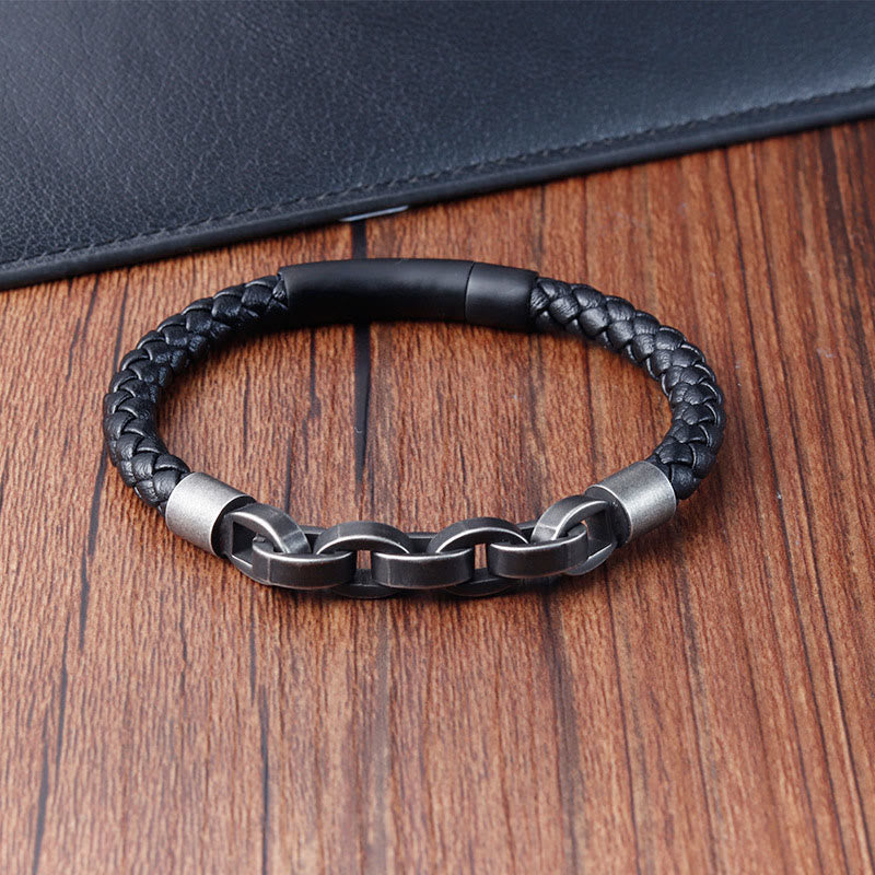 Wear FengShui Chain Design Titanium Steel Balance Leather Braided Buckle Bracelet