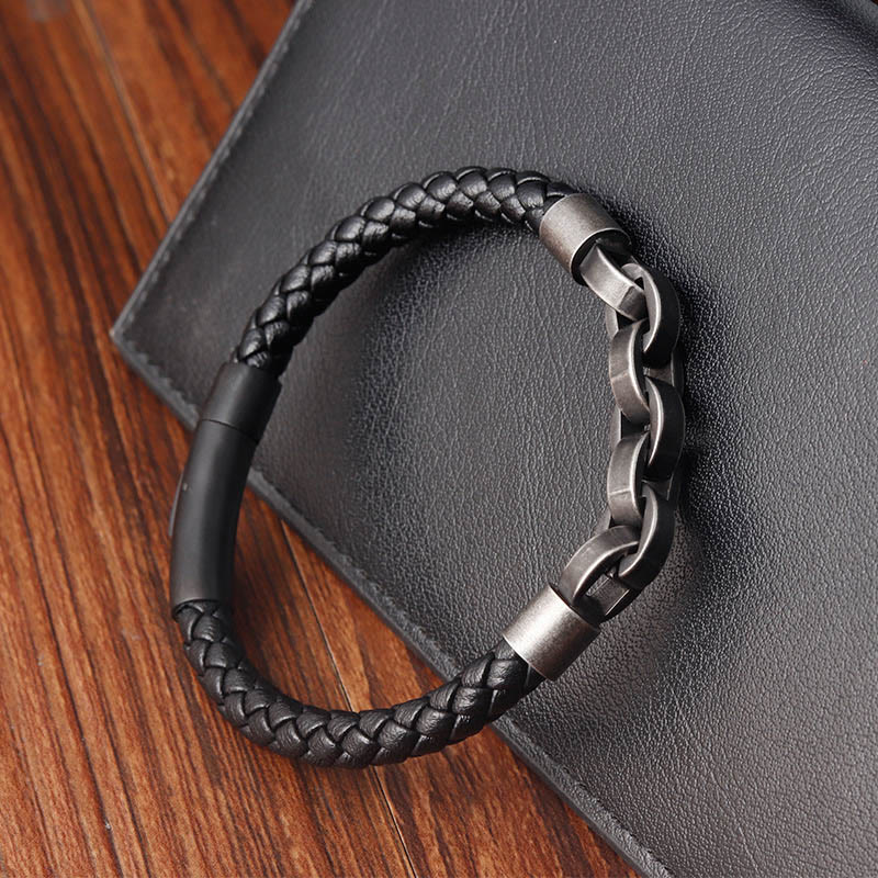 Wear FengShui Chain Design Titanium Steel Balance Leather Braided Buckle Bracelet