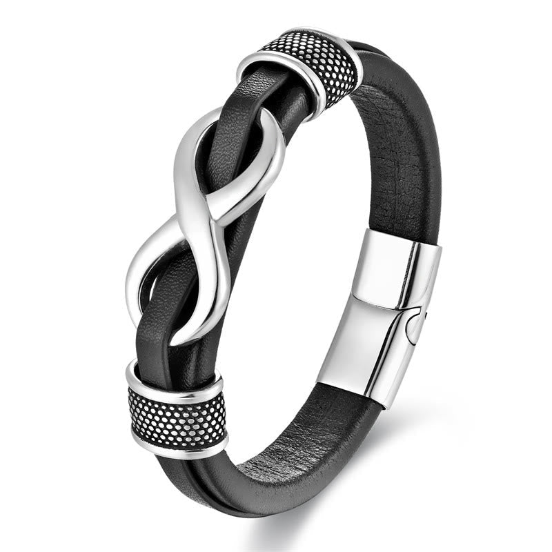 Wear FengShui Endless Knot Infinity Symbol Design Titanium Steel Balance Leather Buckle Bracelet