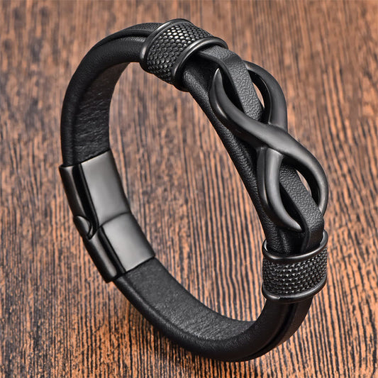 Wear FengShui Endless Knot Infinity Symbol Design Titanium Steel Balance Leather Buckle Bracelet