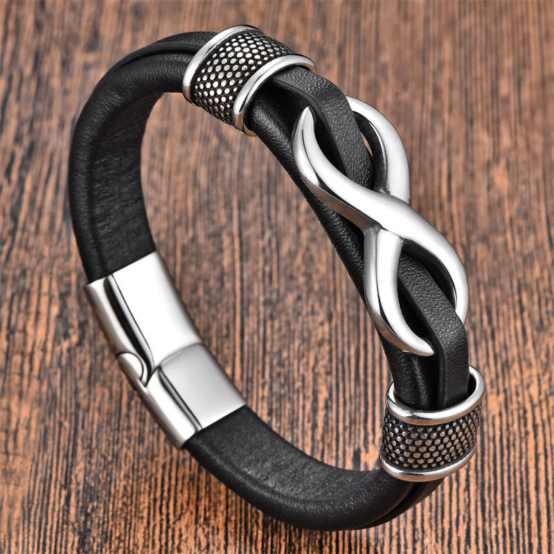 Wear FengShui Endless Knot Infinity Symbol Design Titanium Steel Balance Leather Buckle Bracelet