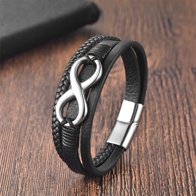 Wear FengShui Eternal Endless Knot Infinity Symbol Titanium Steel Calm Leather Buckle Bracelet