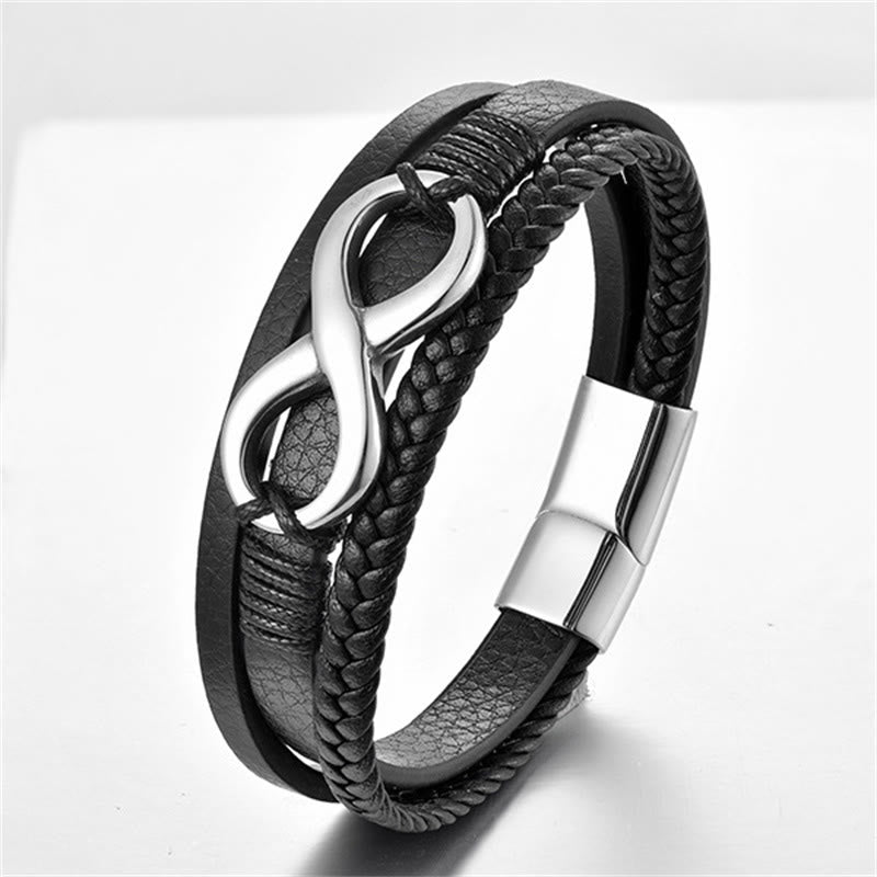 Wear FengShui Eternal Endless Knot Infinity Symbol Titanium Steel Calm Leather Buckle Bracelet