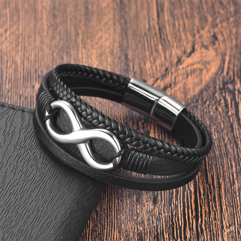 Wear FengShui Eternal Endless Knot Infinity Symbol Titanium Steel Calm Leather Buckle Bracelet