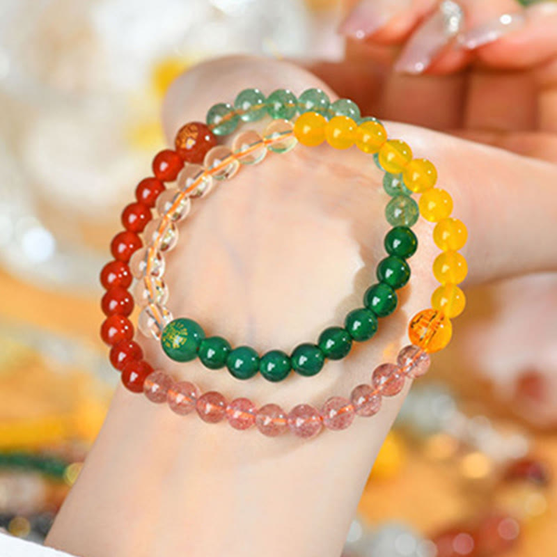 Wear FengShui Five Elements Various Crystal Agate Strawberry Quartz Wisdom Bracelet