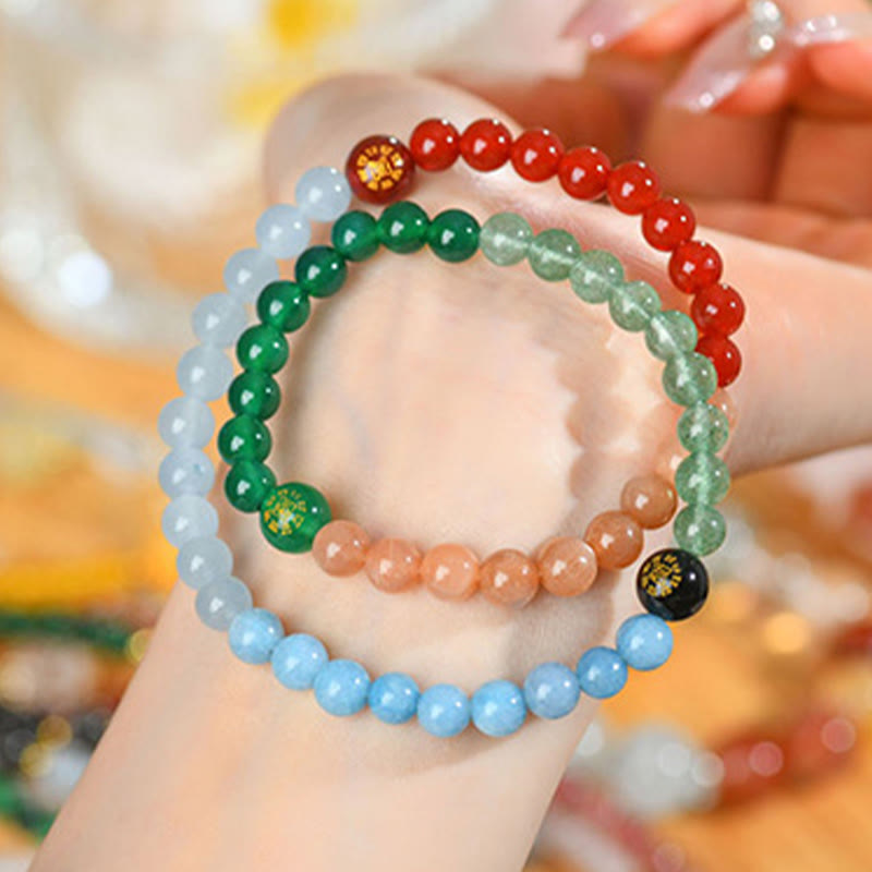 Wear FengShui Five Elements Various Crystal Agate Strawberry Quartz Wisdom Bracelet