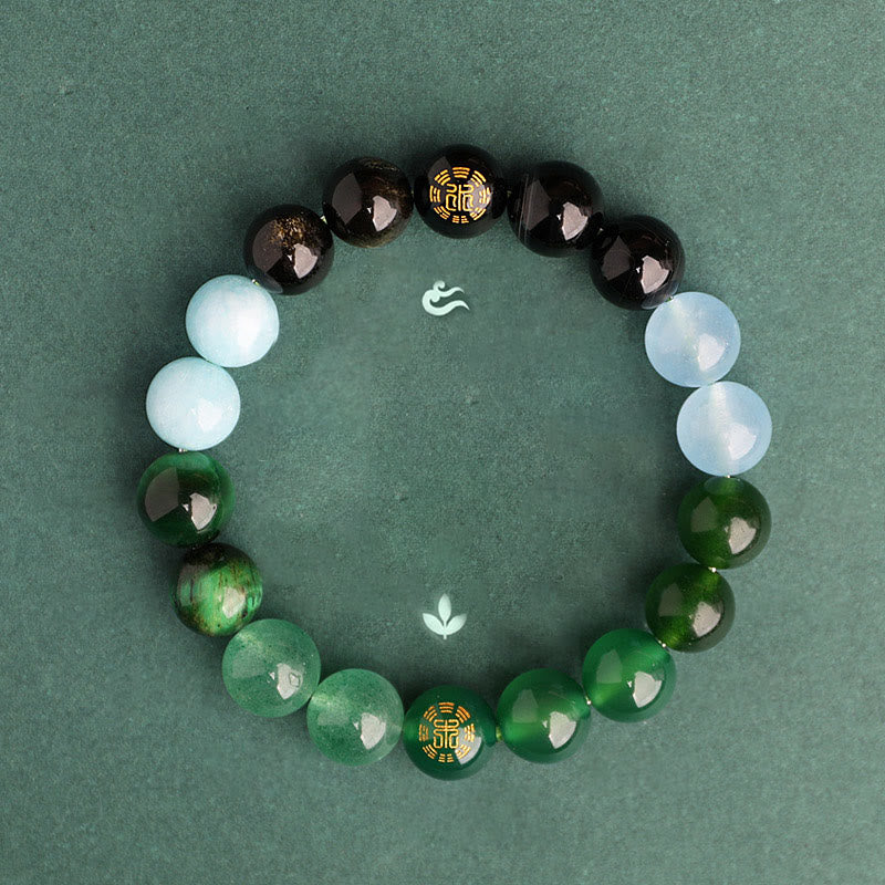 Wear FengShui Five Elements Various Agate Crystal Black Onyx Green Chalcedony Aquamarine Wisdom Bracelet