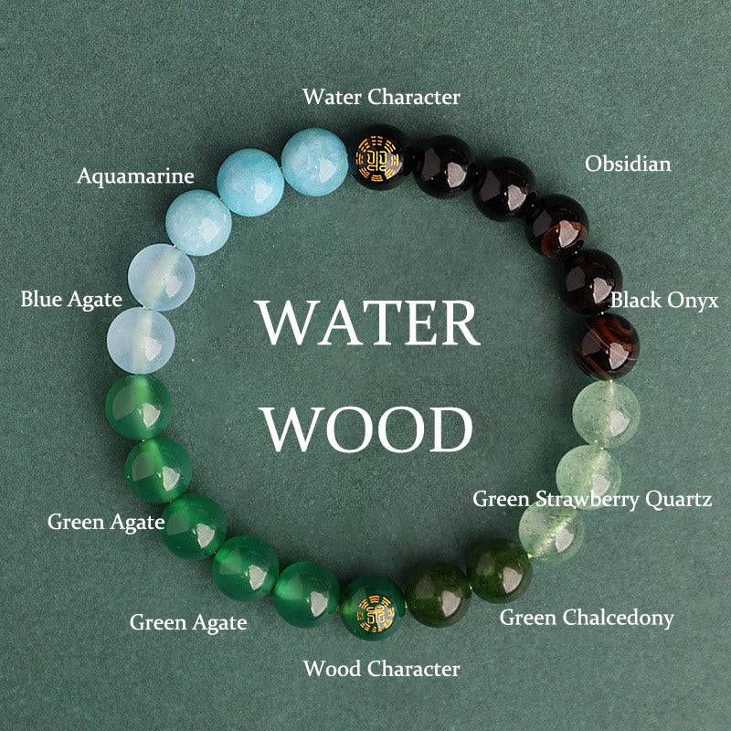 Wear FengShui Five Elements Various Agate Crystal Black Onyx Green Chalcedony Aquamarine Wisdom Bracelet