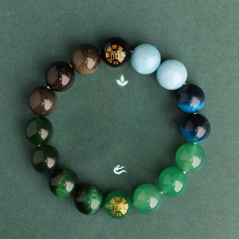 Wear FengShui Five Elements Various Agate Crystal Black Onyx Green Chalcedony Aquamarine Wisdom Bracelet