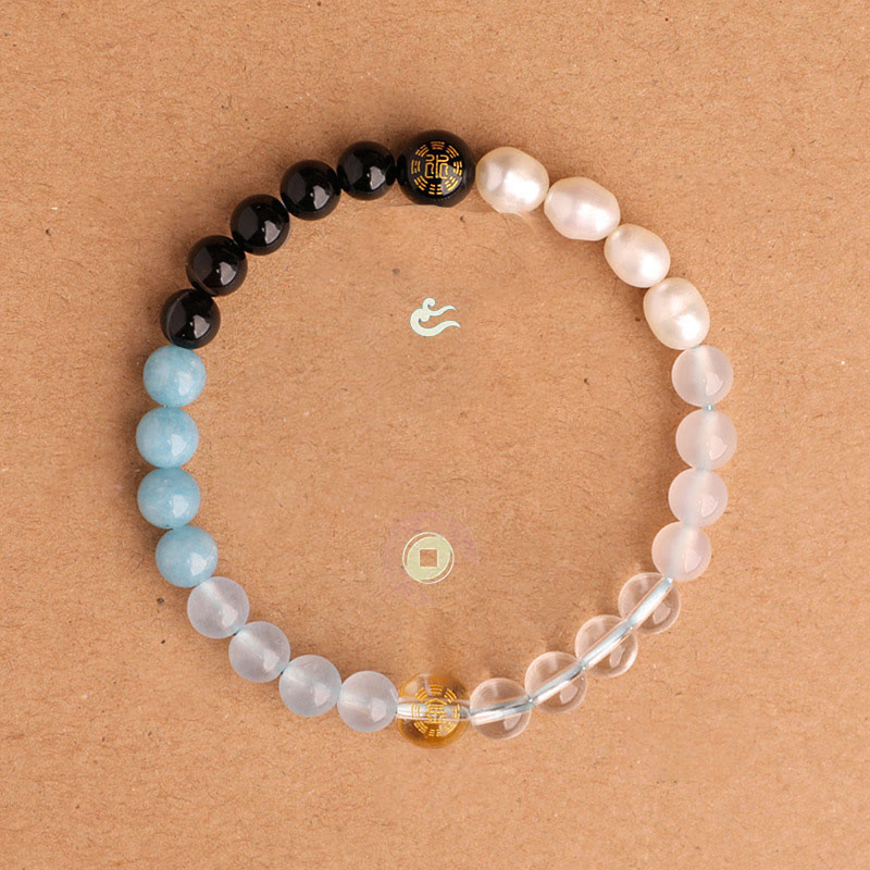 Wear FengShui Five Elements Various Agate Crystal Black Onyx Green Chalcedony Aquamarine Wisdom Bracelet