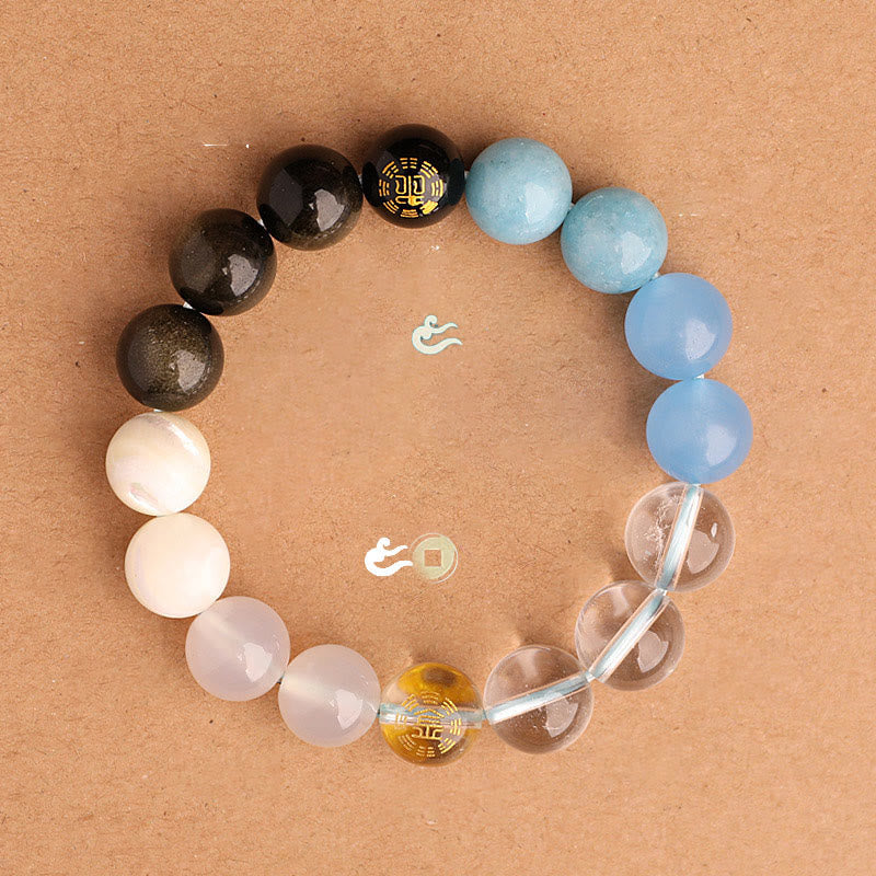 Wear FengShui Five Elements Various Agate Crystal Black Onyx Green Chalcedony Aquamarine Wisdom Bracelet