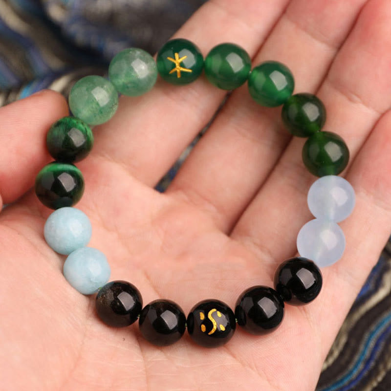 Wear FengShui Five Elements Various Agate Crystal Black Onyx Green Chalcedony Aquamarine Wisdom Bracelet