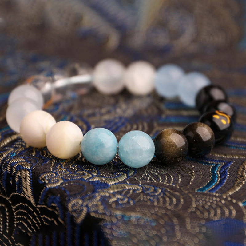 Wear FengShui Five Elements Various Agate Crystal Black Onyx Green Chalcedony Aquamarine Wisdom Bracelet