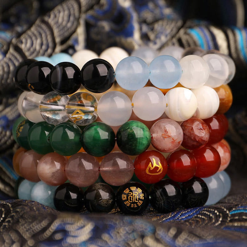 Wear FengShui Five Elements Various Agate Crystal Black Onyx Green Chalcedony Aquamarine Wisdom Bracelet