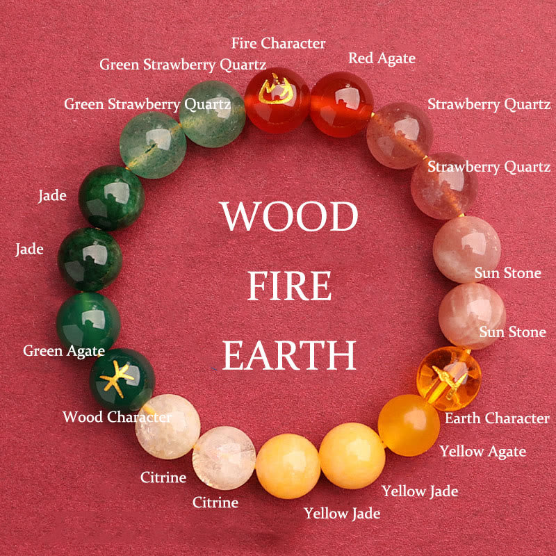 Wear FengShui Five Elements Various Agate Crystal Green Strawberry Quartz Sun Stone Wealth Bracelet