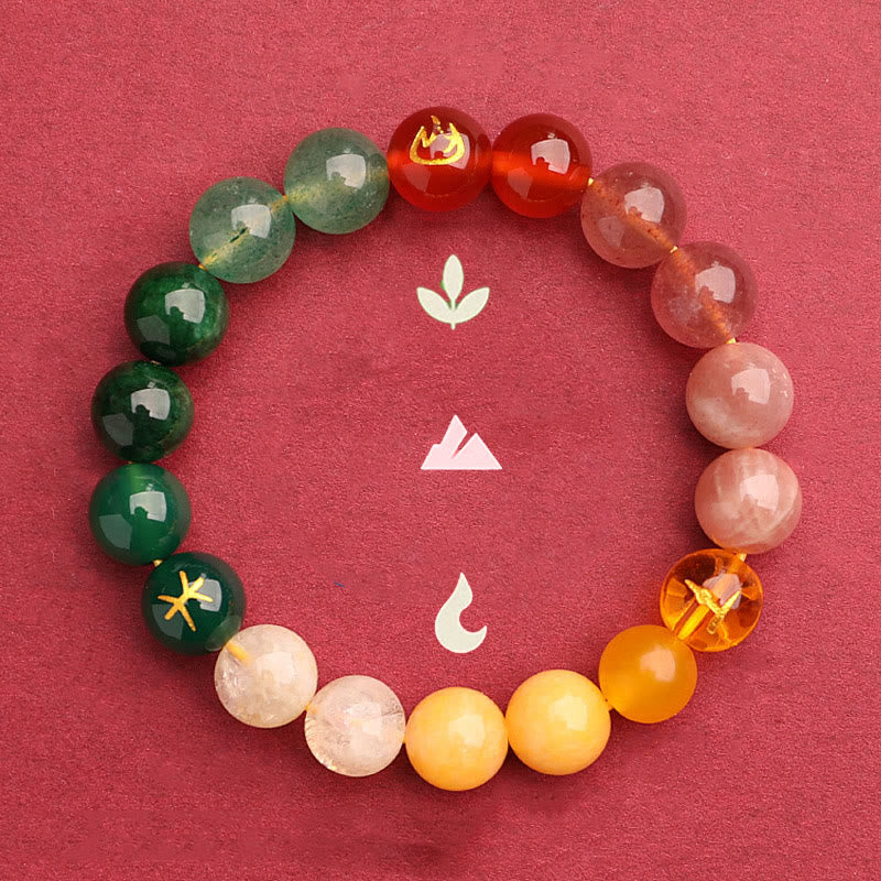 Wear FengShui Five Elements Various Agate Crystal Green Strawberry Quartz Sun Stone Wealth Bracelet