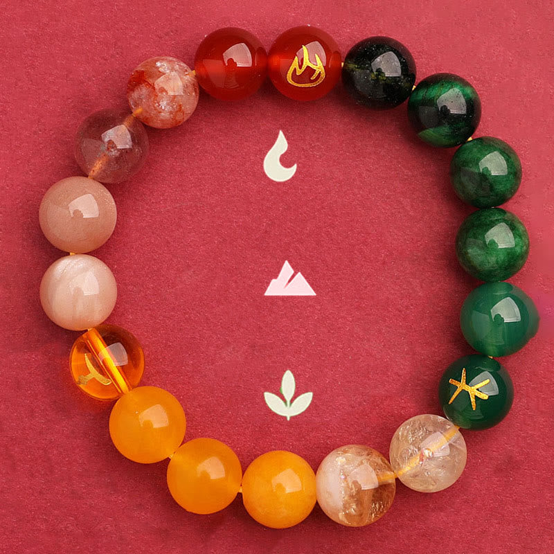 Wear FengShui Five Elements Various Agate Crystal Green Strawberry Quartz Sun Stone Wealth Bracelet