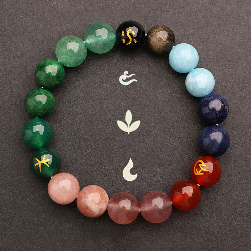Wear FengShui Five Elements Various Agate Crystal Green Strawberry Quartz Sun Stone Wealth Bracelet