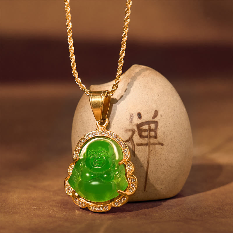Wear FengShui 18K Gold Filled Laughing Buddha Jade Luck Necklace Chain Pendant