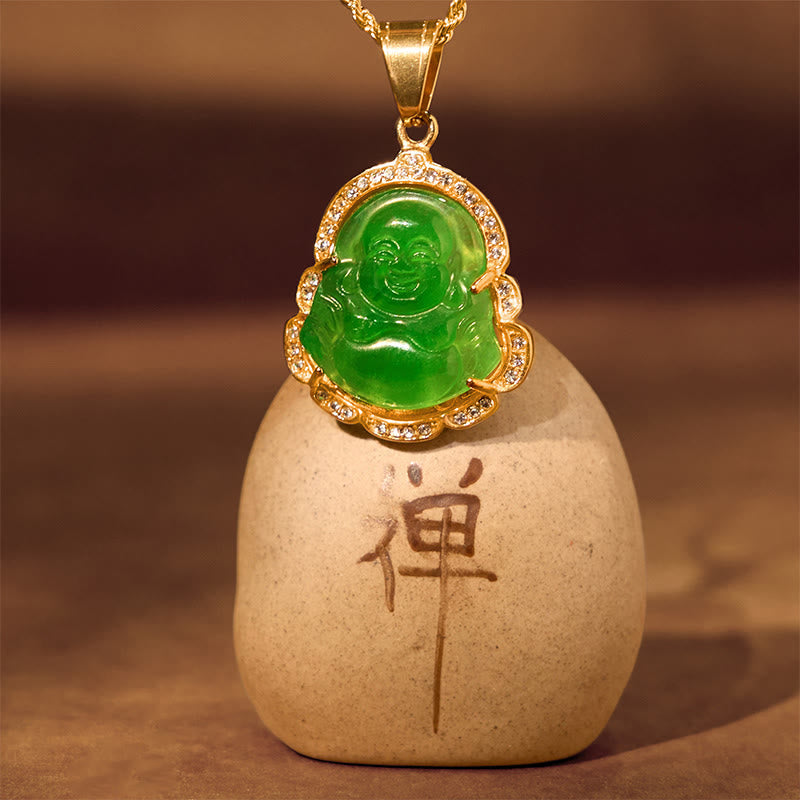 Wear FengShui 18K Gold Filled Laughing Buddha Jade Luck Necklace Chain Pendant