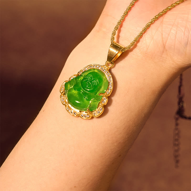 Wear FengShui 18K Gold Filled Laughing Buddha Jade Luck Necklace Chain Pendant