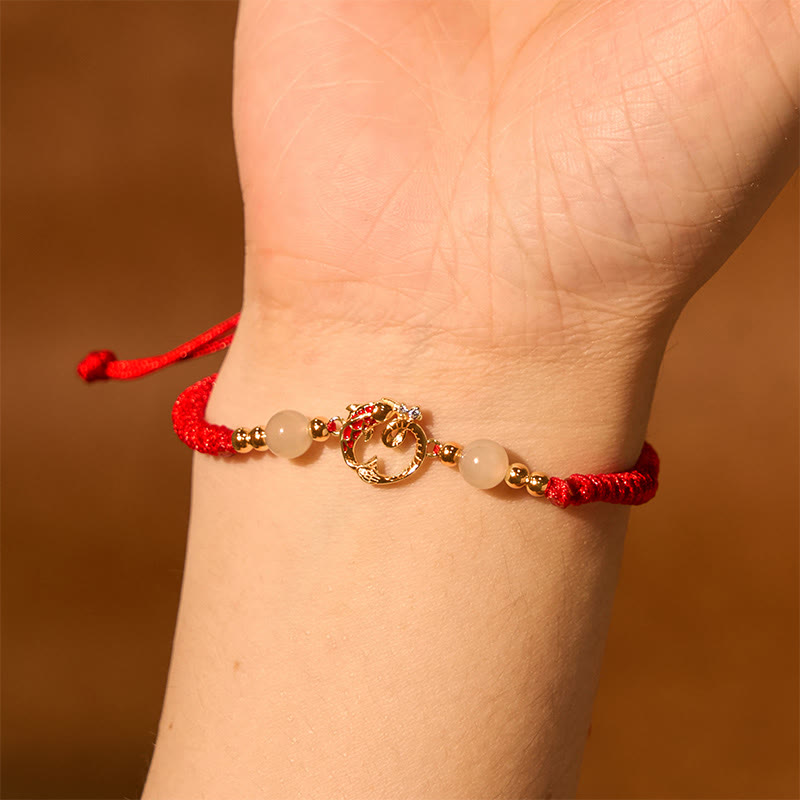 Wear FengShui 925 Sterling Silver Hetian Jade Cinnabar Koi Fish Year Of Snake Red String Protection Braided Bracelet