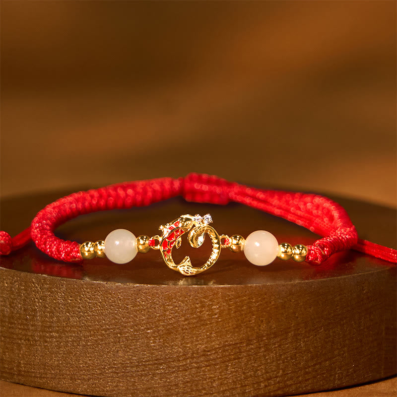 Wear FengShui 925 Sterling Silver Hetian Jade Cinnabar Koi Fish Year Of Snake Red String Protection Braided Bracelet