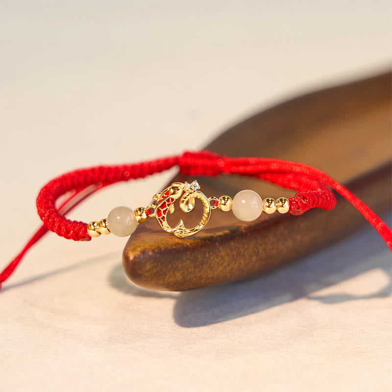 Wear FengShui 925 Sterling Silver Hetian Jade Cinnabar Koi Fish Year Of Snake Red String Protection Braided Bracelet