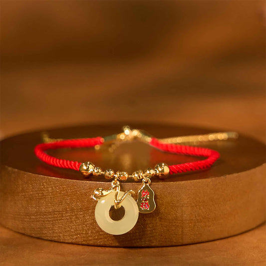 Wear FengShui Copper Plated Gold Jade Peace Buckle Fu Character Year Of The Snake Red String Luck Bracelet
