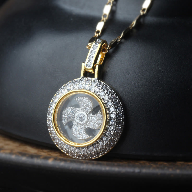Wear FengShui Gold plated Copper Brass Rotatable Windmill Fu Balance Necklace Pendant