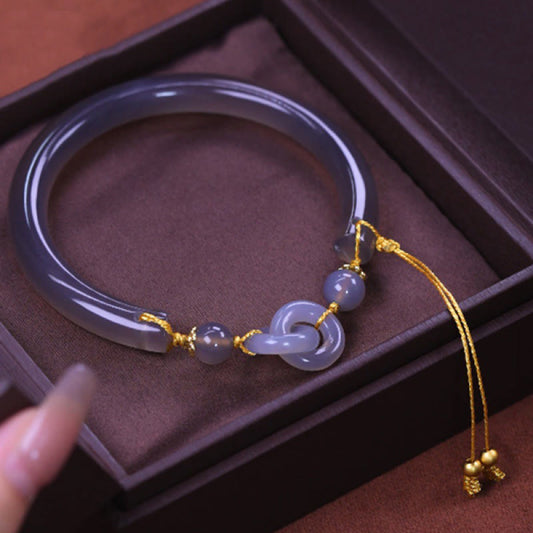 Wear FengShui Gray Agate Copper Hook Peace Cuff Half Bracelet Bangle