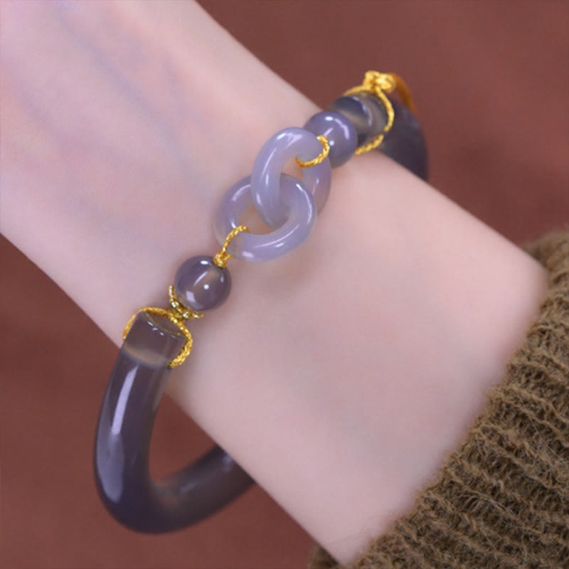 Wear FengShui Gray Agate Copper Hook Peace Cuff Half Bracelet Bangle