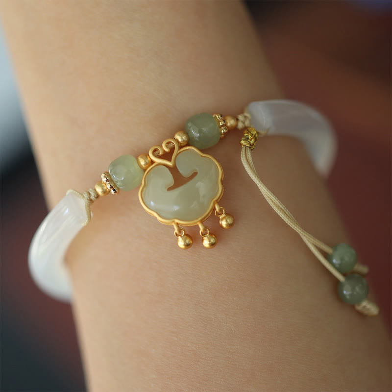 Wear FengShui Chalcedony Hetian Jade 925 Sterling Silver Auspicious Cloud Ruyi Lock Harmony Cuff Half Bracelet Bangle