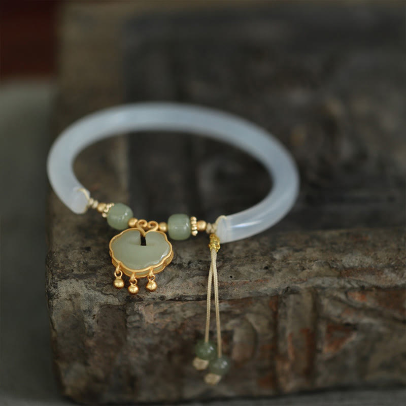 Wear FengShui Chalcedony Hetian Jade 925 Sterling Silver Auspicious Cloud Ruyi Lock Harmony Cuff Half Bracelet Bangle