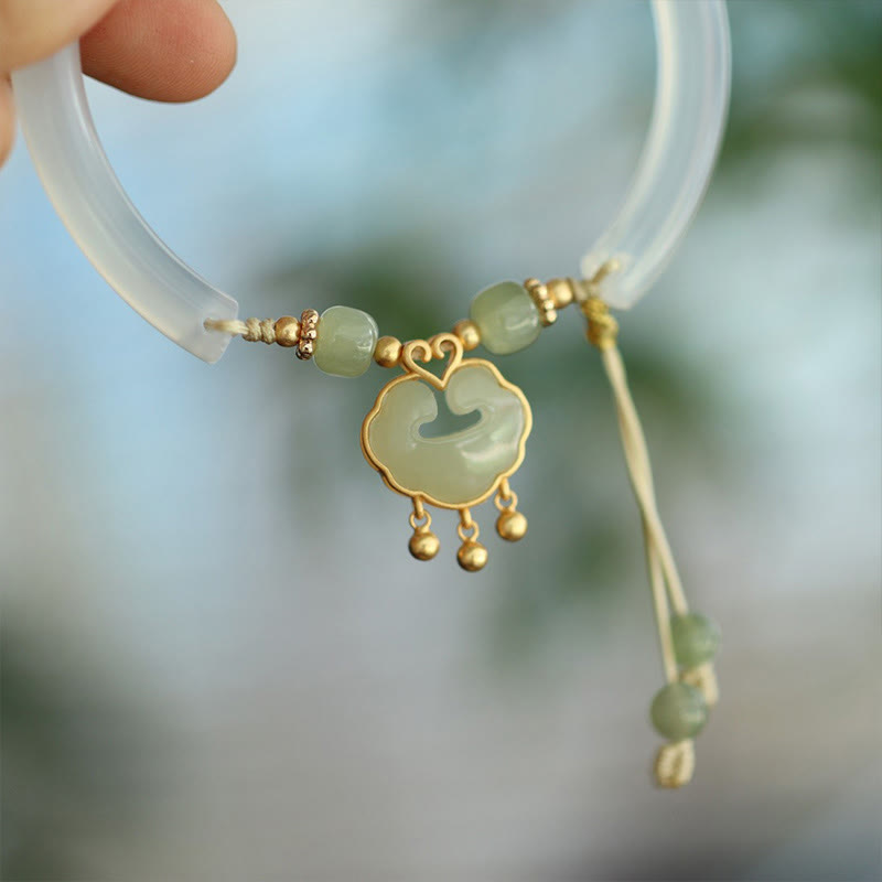 Wear FengShui Chalcedony Hetian Jade 925 Sterling Silver Auspicious Cloud Ruyi Lock Harmony Cuff Half Bracelet Bangle