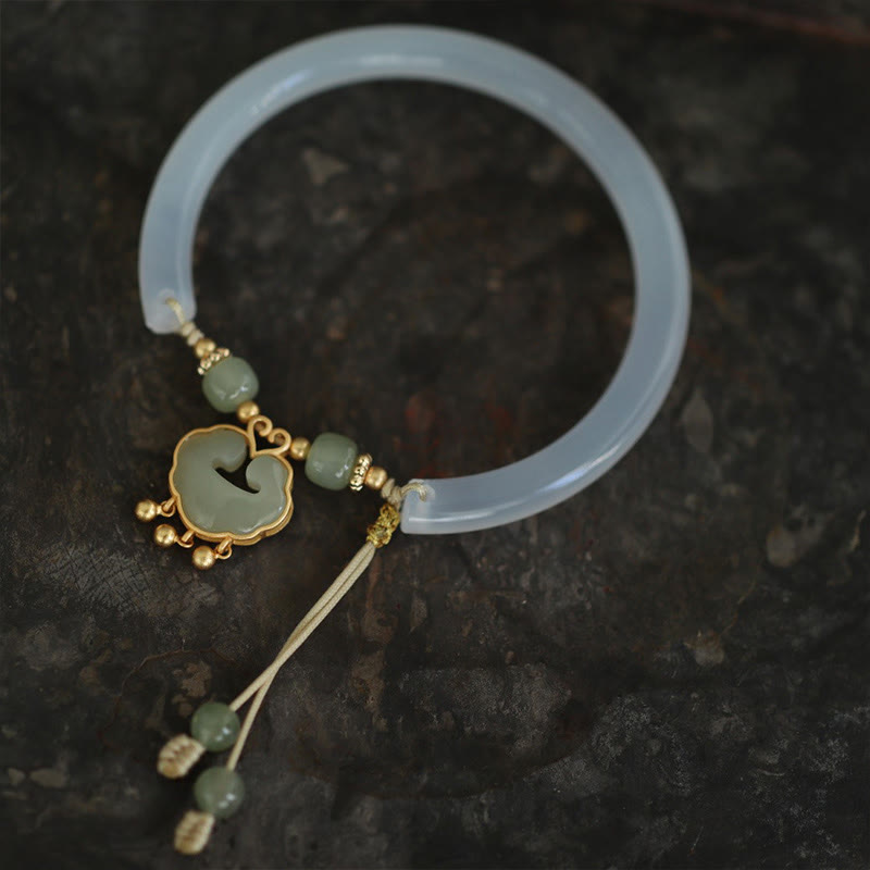 Wear FengShui Chalcedony Hetian Jade 925 Sterling Silver Auspicious Cloud Ruyi Lock Harmony Cuff Half Bracelet Bangle