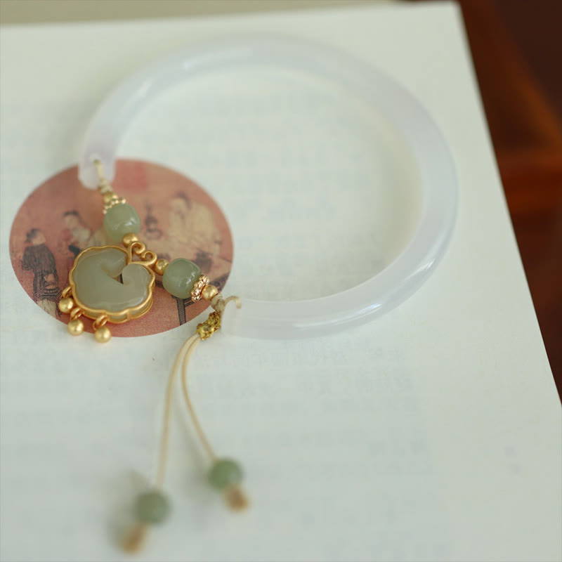 Wear FengShui Chalcedony Hetian Jade 925 Sterling Silver Auspicious Cloud Ruyi Lock Harmony Cuff Half Bracelet Bangle