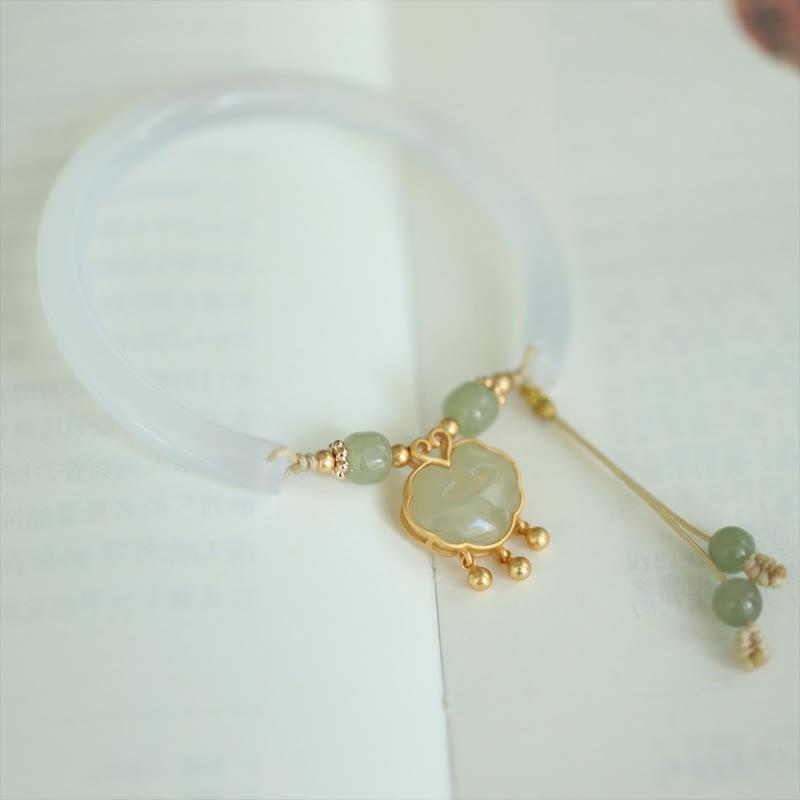 Wear FengShui Chalcedony Hetian Jade 925 Sterling Silver Auspicious Cloud Ruyi Lock Harmony Cuff Half Bracelet Bangle