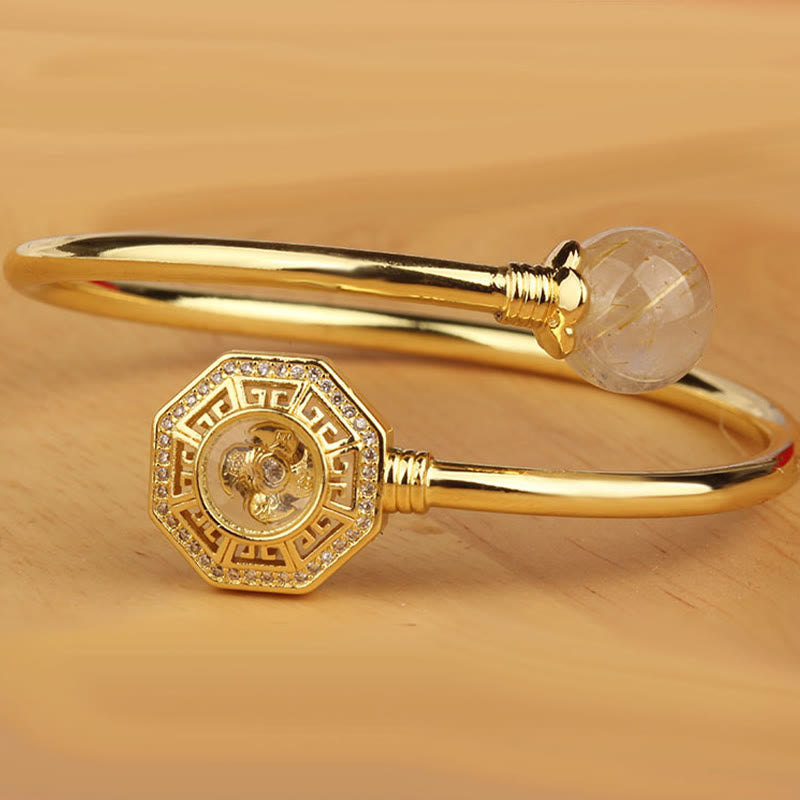 Wear FengShui Rutilated Quartz Copper Brass Rotatable Windmill Feng Sheng Shui Qi Courage Bracelet Bangle