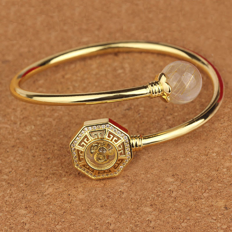 Wear FengShui Rutilated Quartz Copper Brass Rotatable Windmill Feng Sheng Shui Qi Courage Bracelet Bangle