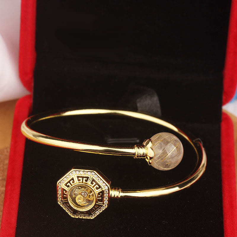 Wear FengShui Rutilated Quartz Copper Brass Rotatable Windmill Feng Sheng Shui Qi Courage Bracelet Bangle