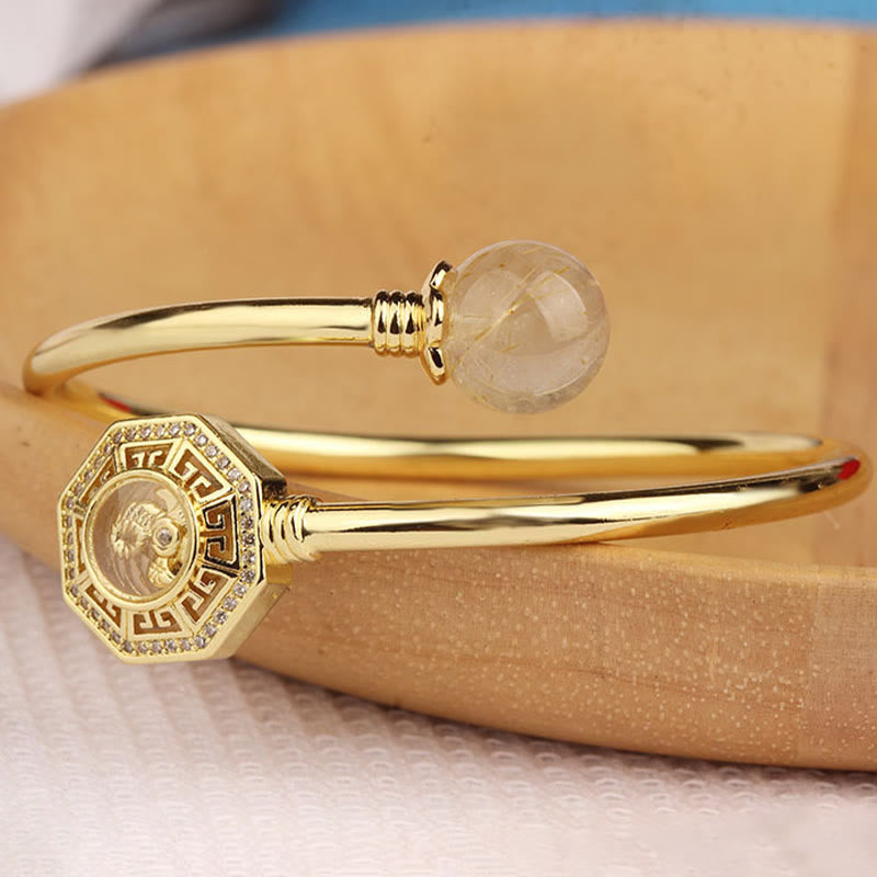Wear FengShui Rutilated Quartz Copper Brass Rotatable Windmill Feng Sheng Shui Qi Courage Bracelet Bangle