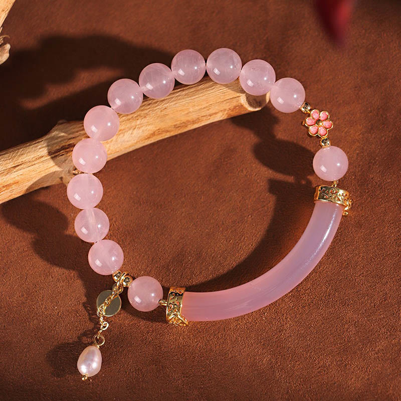 Wear FengShui Pink Crystal Blue Chalcedony Pearl Cuff Half Bracelet Bangle