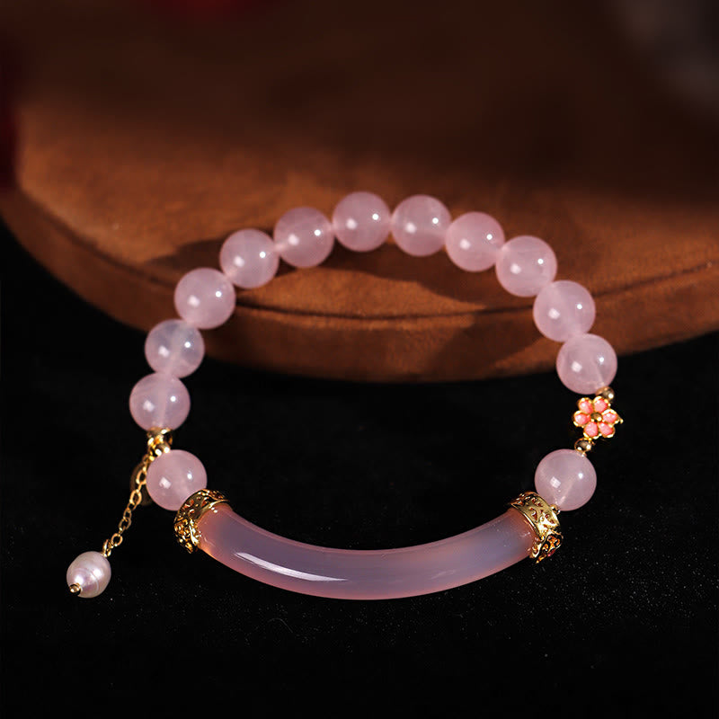 Wear FengShui Pink Crystal Blue Chalcedony Pearl Cuff Half Bracelet Bangle